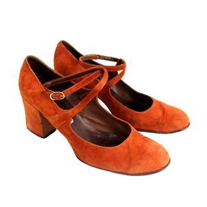 Lamica ITALY BRICK BROWN GENUINE LEATHER SUEDE MID ROUND TOE PUMP SHOES Sz 8M